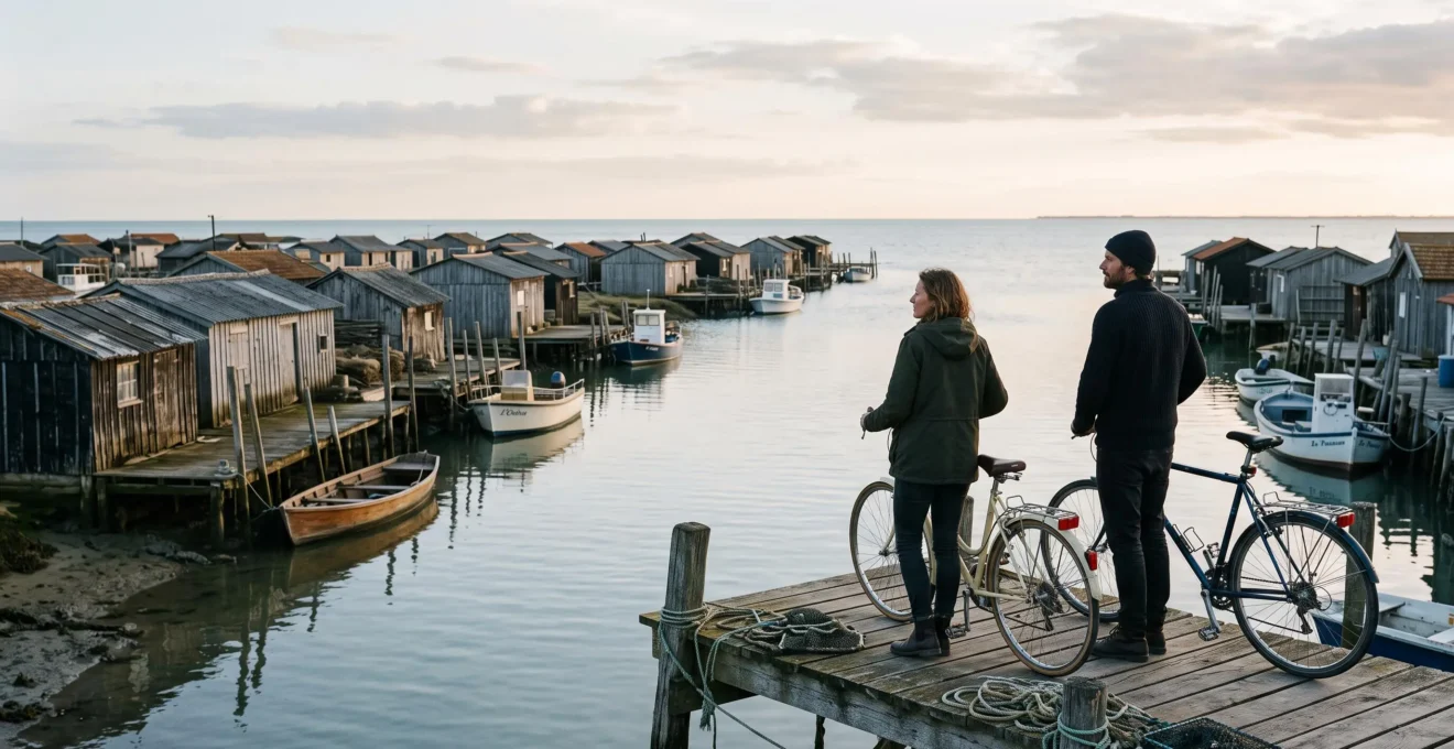 A couple with bicycles pauses beside a calm harbour of weathered oyster sheds