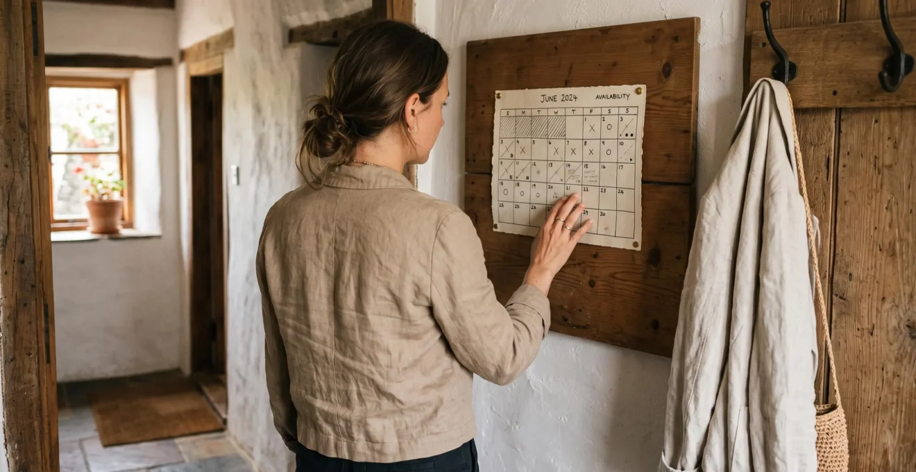 A guest checks a simple availability board in a guesthouse hallway