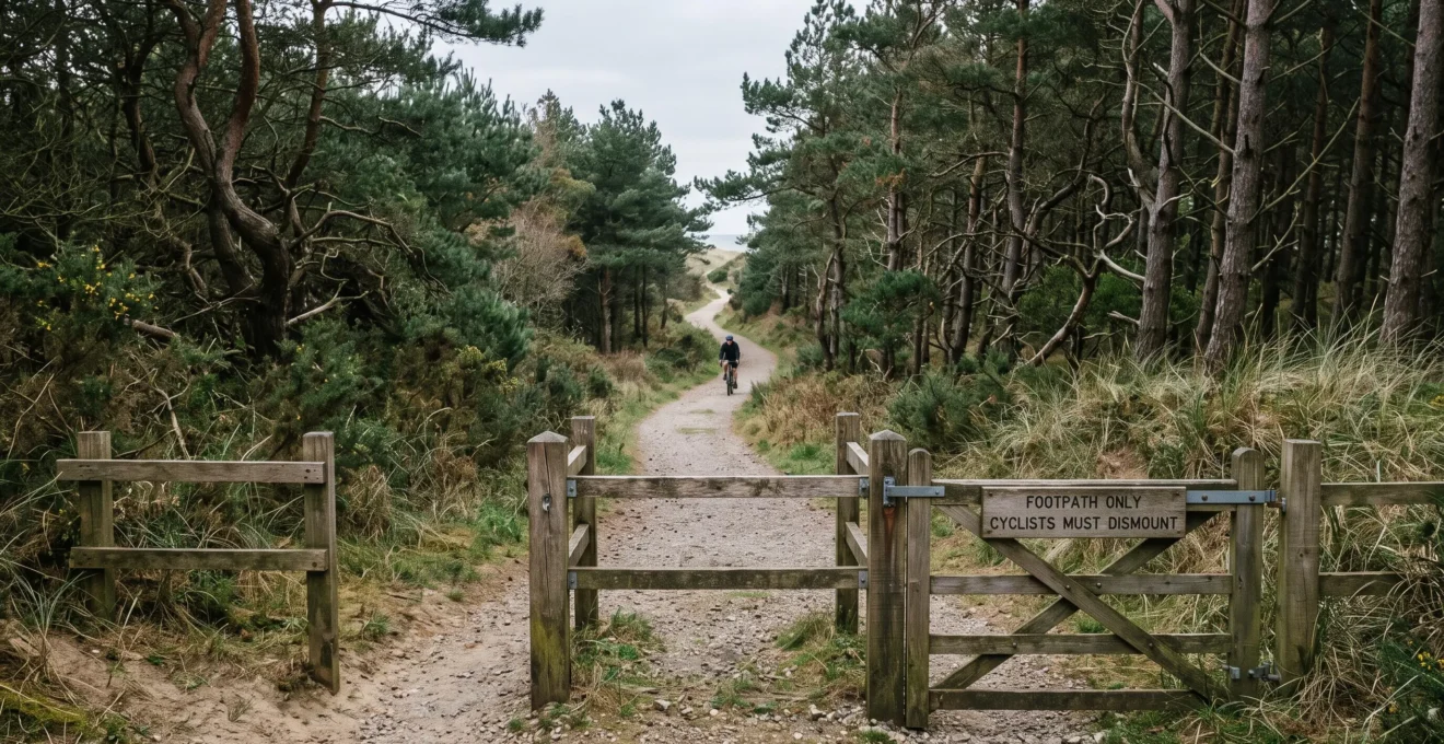 A narrow pine-lined lane with a single distant cyclist crossing a wooden barrier