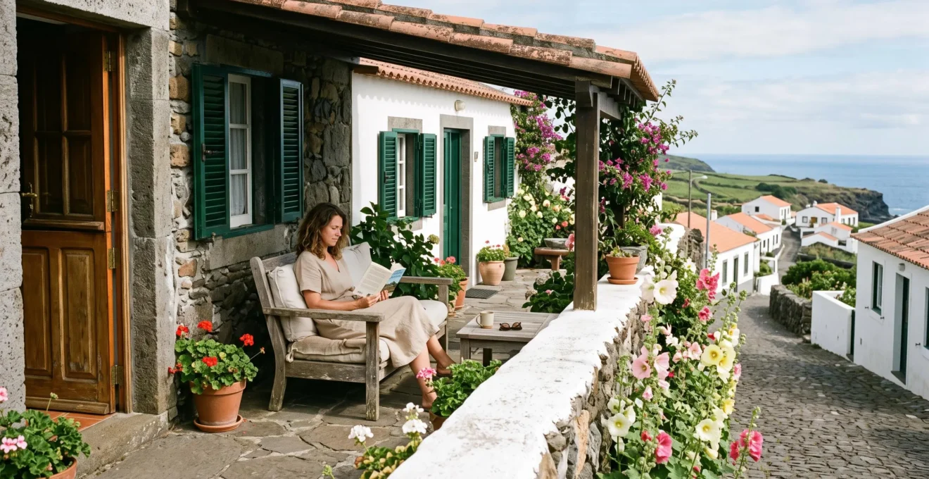 A woman reads alone on a quiet terrace of a whitewashed island house